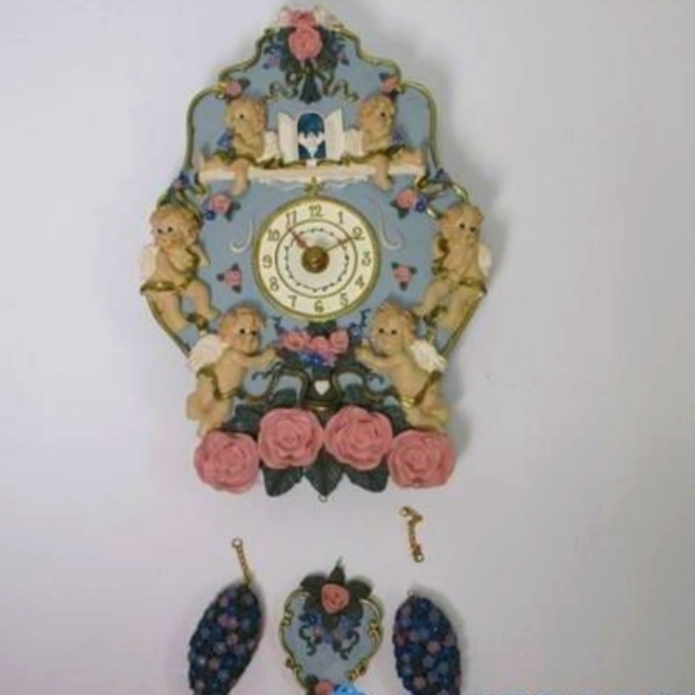 Vintage 3D Cherub Angel Roses Hanging Wall Clock Ceramic Works
